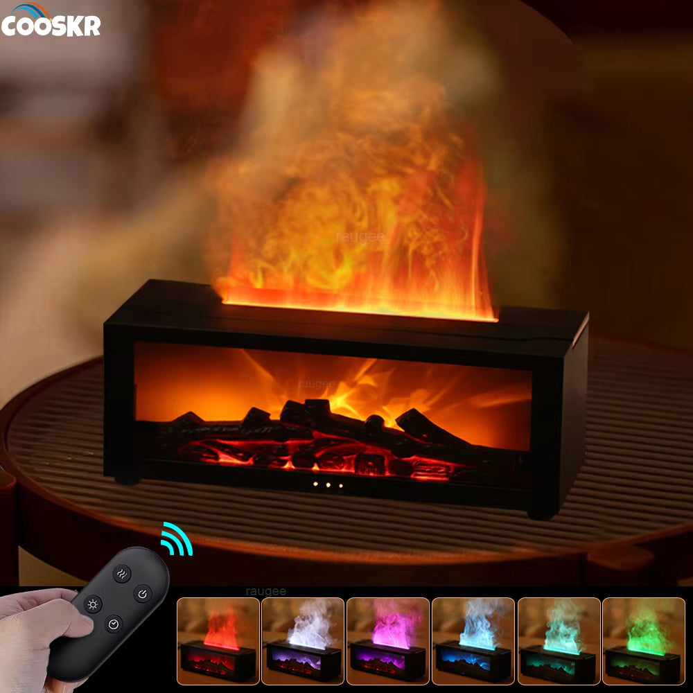 Air Humidifier & Aroma Diffuser – Flame LED Light with Remote Control